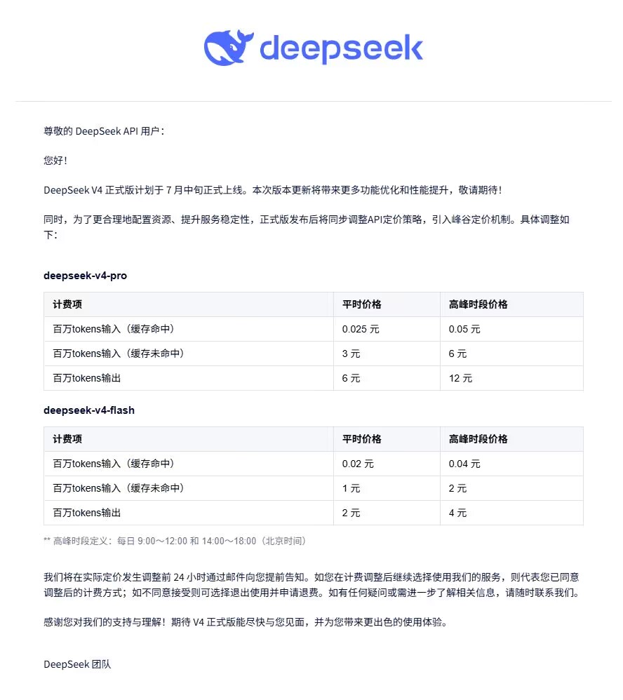 DeepSeek V4 API 计费调整通知截图